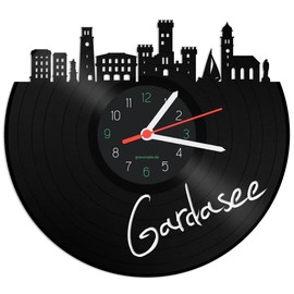GRAVURZEILE Record Clock - Skyline Garda Lake - Wall Clock Made of Cast Vinyl with City Skyline 30 cm - Upcycling Designer Clock - Modern Wall Clock in Retro Vintage Style - Made in Germany
