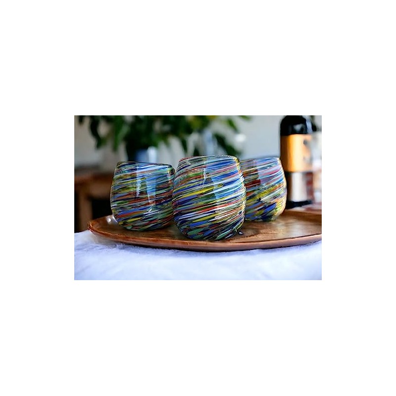 Handblown Confetti Stemless Wine Glass with Colorful Swirl Design (Set