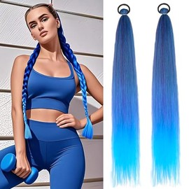 Braid Ponytail Extension with Elastic Tie, 2 Pack Braid Hair Extensions 26 Inch Ponytail Extension for Girls Women (Blue Gradient)