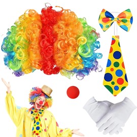 Set of 5 Clown Costume Set, Clown Curl Wig, Clown Nose, Bow Tie, Tie and Gloves, Clown Costume Accessory, Clown Accessories for Carnival Cosplay Party