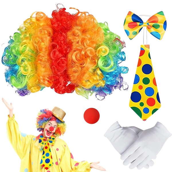 Set of 5 Clown Costume Set, Clown Curl Wig, Clown