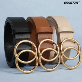 SANSTHS 3 Pack Women Waist Belts for Jeans Pants Dresses, Ladies Belt with Double O-Ring Gold Buckle, Black+Brown+Beige L