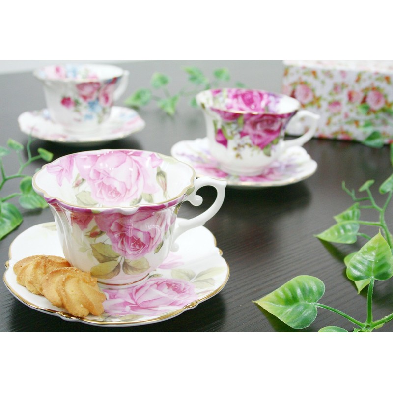 roiyarua-den Cup & Saucer Bone China 240ml Rose Pattern Purple