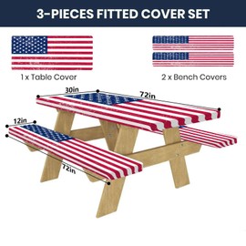 CAPSCEOLL Fitted Picnic Table Cover with Bench Covers 4Th of July Waterproof Camping Tablecloth All-Weather Outdoor Table Protector with Drawstring Bag for Camping Essentials, 72X30in, American Flag