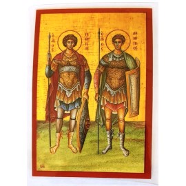 Saints George and Demetrius laminated Greek icon prayer card 4x3