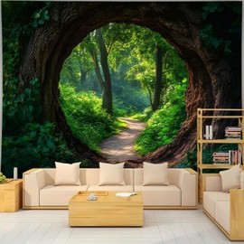 FENDROM Enchanted Forest Tapestry Morning Sunshine Through Nature Green Tree Trail Path Cave Tapestries Wall Hanging For Living Room Bedroom Home Decorations