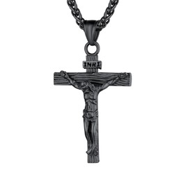 U7 Men Rope Chain 24 Inch Necklace with Ion Plating Black Metal Crucifix Cross Pendant