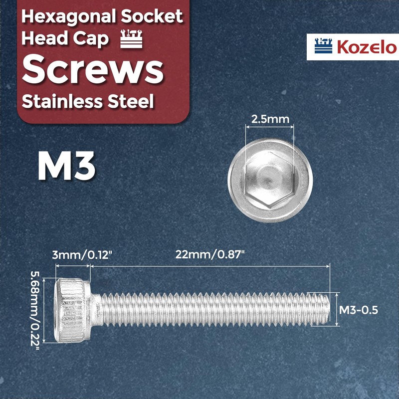 Kozelo 40pcs Socket Head Cap Screws [M3-0.5 x 22mm] 304