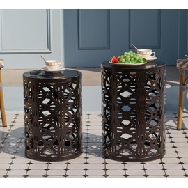 HFHOME Set of 3 Metal Outdoor Side Table, Nesting Round Coffee Table for Indoor Outdoor, Heavy Duty End Tables Plant Stand Living Room Garden Stool - Bronze