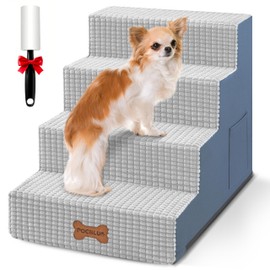 POCBLUE Dog Stairs for Small Dogs and Cats 17.7" H, 4-Step Pet Step for High Bed or Couch, Non-Slip Balanced Pet Ramp Indoor with High-Density Foam and Washable Cover, Grey