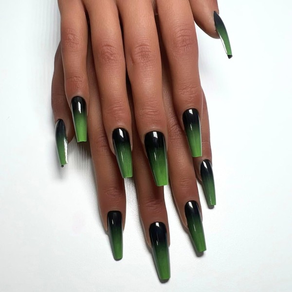 ITGIRL Luxury Press-On Nails, Long Coffin Shape, Black to Green