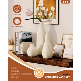 Ribbed Texture Vase Set of 3 - Modern Boho Minimalist Style Flowers Vases Home Decor, Kitchen, Bedroom, Office, Living Room, Bathroom Coffee Table Decor & Shelf Centerpiece Table Decorations