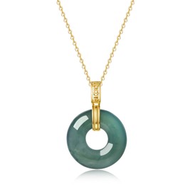 QVFVJA Real Icy Green Jade Donut Pendant Necklace for Women Genuine Certified Jadeite Circle Round Jewelry with 18K Yellow Gold Plated 925 Sterling Silver Chain Valentine's Day Christmas Gift