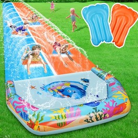 40FT Double Slip and Water Slides for Kids Adults Backyard, Extra Long Lawn Water Slides with 2 Bodyboards, Heavy Duty, Giant Inflatable Water Slip Toys with Crash Pad for Summer Outdoor Party
