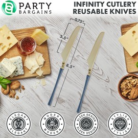 Party Bargains Disposable Plastic Navy Gold Dinner Knives, Infinity Modern Design Utensils, 20 Pack