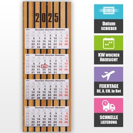 4 Month Calendar 2025 Wall Calendar with Date Slider - 33 x 89.5 cm for Optimal Planning, Wall Planner Four Months Overview, Office Calendar, 4 Month Calendar, KW Weeks, Holidays, Motif: Wooden Panels