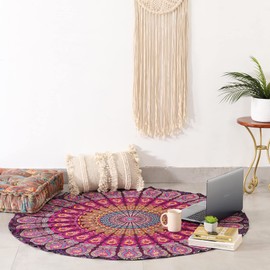Popular Handicrafts Tapiz redondo de mandala indio redondo para colgar en la pared, mantel de algodón gitano, sábana redonda de yoga de 50 pulgadas, color magenta