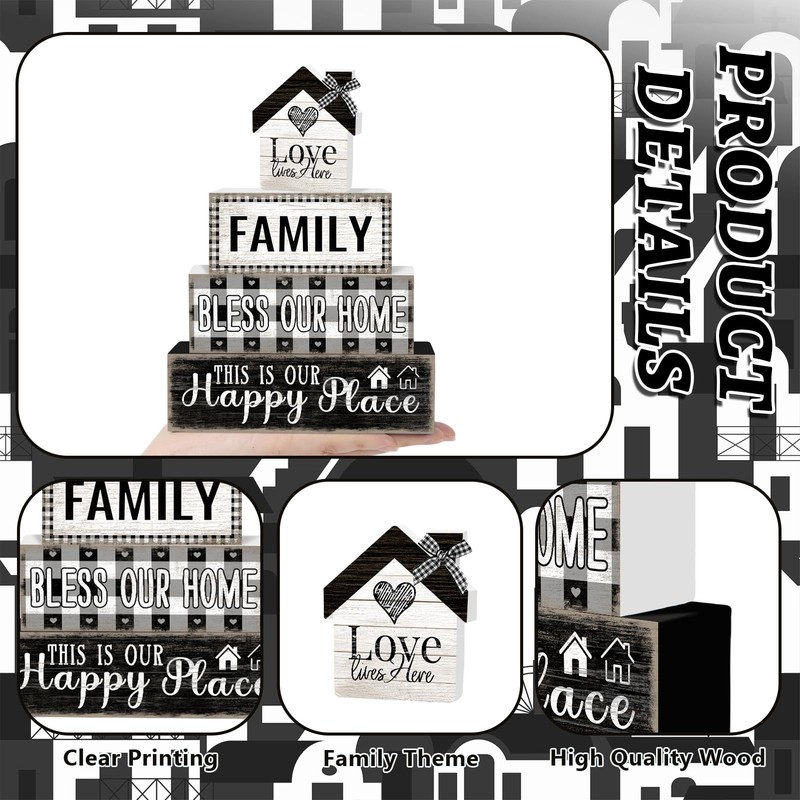 4 Pcs Farmhouse Family Wooden Tiered Tray Decor Set, Rustic