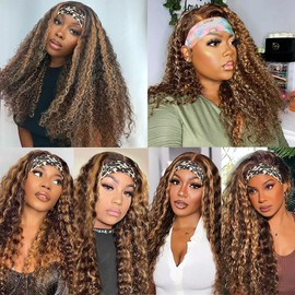 Highlight Honey Blonde Headband Wig Human Hair Full Head Machine Made Half Wigs 150% Density Glueless None Lace Front Curly Wave Wig 20 Inch P1B/27 Blonde Headband Wig Human Hair Grade 8A