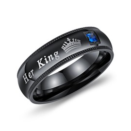2Pcs Black Stainless Steel His Queen & Her King Couples Rings Set Wedding Engagement Band (Male Size 9 & Female Size 6)