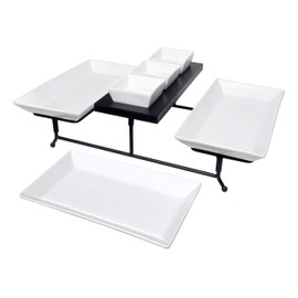 The Most Versatile 3 Tier Serving Tray. Collapsible Metal Stand with 3 Plates & 3 Bowls on Black Wood Base. Tiered Tray Party Food Server Display for appetizers, Cupcakes, Fruit, Cheese, Desserts.