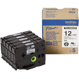 Brother HGe-M931V5 Labelling Tape Cassette, Value Pack, Black on Matt Silver, 12 mm (W) x 8 m (L), Laminated, Brother Genuine Supplies