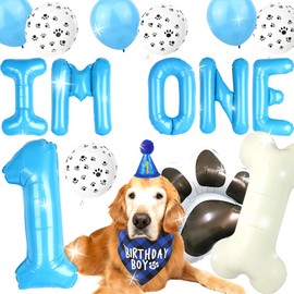 Dog First Birthday Party Supplies Dog Puppy 1st Birthday Banner Balloons Hat with Number Bandana woof Balloons for Pets Decorations
