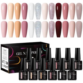 MEET ACROSS Gel Nail Polish Kit, 12 Colors Fall Winter Nude Pink Gel Polish Set Skin Tones Neutral Brown Soak Off Gel Nail Kit Manicure DIY Nail Art Salon Home Gift