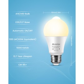 ALEXPEX Motion Sensor Light Bulbs, 13W(100W Equivalent) 1100lm Motion Activated Auto Dusk to Dawn LED Bulb, A19 E26 2700K Soft White Outdoor/Indoor Lighting for Garage Porch Stairs Patio, 2 Pack