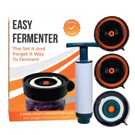 Easy Fermenter Fermentation Kit, Includes 3 Fermenting Lids for Wide Mouth Mason Jars & Oxygen Extractor Pump, Mason Jar Airlock Lid For Fermenting Kimchi, Pickle, & Sauerkraut