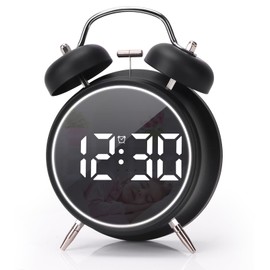 Digital Small Alarm Clock, 4.5 Inch Double Bell Electronic LED Alarm Clock, Plug in or Battery Operated Silent Metal Table Clock, Modern Loud Bedside Clock for Heavy Sleepers Adults Kids (Black)