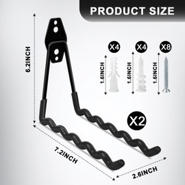 Enenes 7.3 Inch Wave Shape Garage Hooks, 2 Pack Heavy-Duty Utility Hanging Rack, Anti-Slip Storage Organizer for Bikes, Ladders, Garden Tools, Ropes and Cables (Black)