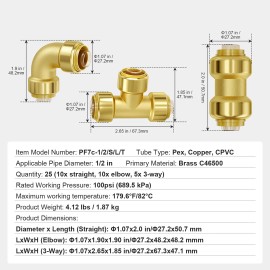 25pcs 1/2\" Brass Push-Fit Pipe Fittings Includes 10x Straight 10x Elbows 5x Tees for Air & Plumbing Hoses Connector PluPipe Connection Type: Straight Pipe + Elbow + Tee Combination, Size: Size 1/2 in - 25 PCS
