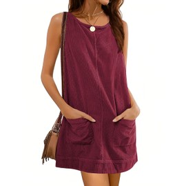 Hooever Women's Corduroy Overall Dress Round Neck A Line Skirtall Jumper Mini Dress Pinafore with Pockets(WineRed-M)