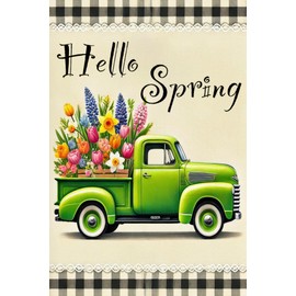 BlissYard Hello Spring Garden Flag Double Sided 12x18 Inch Truck Garden Flag Buffalo Plaid Truck with Flowers Yard Decoration Small Seasonal Spring Summer Outdoor Decor Farmhouse Holiday Lawn Flag