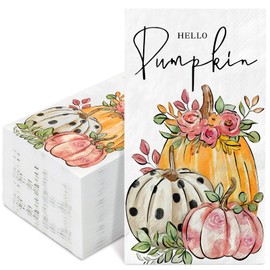 Generic 50Pcs Fall Guest Napkin Hello Pumpkin Disposable Paper Napkin Autumn Dinner Hand Napkin for Thanksgiving Harvest Bathroom Supplies, 4.3 x 7.8 inch
