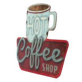 Hot Coffee Shop Embossed Metal Sign - Vintage Diner Coffee Sign for Kitchen, Office or Coffee Bar