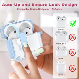 R-fun Compatible with AirPods 4th Generation 2024 Headphone Cases, Fully Drop Proof Auto Eject Protective Cover Design, New Charging Port Dust and Stand Design,Blue+White