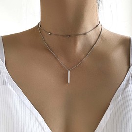 Inateannal Boho Layered Bar Pendant Necklace Silver Satellite Choker Necklace Vertical Bar Choker Chain Necklace Vintage Double Layer Necklace Chain Jewellery for Women and Girls, Zinc, No Gemstone