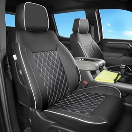 TANDI Custom Fit Silverado & GMC Sierra Seat Covers,2 front seat with Faux Leather for 2019-2024 Chevy Silverado & GMC Sierra 1500 and 2020-2024 2500HD 3500HD (Black with White Trim, Front Pair (SG-A)