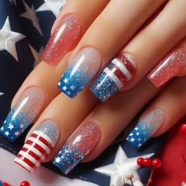 24Pcs Independence Day Press on Nails Medium Square Fake Nails with Red Blue White Gradient Designs 4th of July False Nails Patriotic Star Acrylic Nails American Flag Glue on Nails for Women Girls