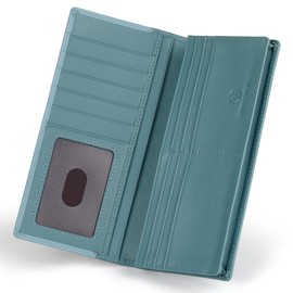 VISOUL Leather Long Checkbook Bi-fold Wallets with Zipper Pocket for Men and Women, RFID Blocking Tall Billfold Secretary Cash Wallet, Light Blue and Teal, Long Bifold Wallet