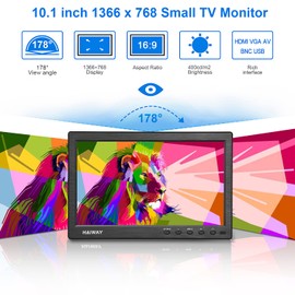 Haiway 10.1 inch Security Monitor, 1366x768 Resolution Small HDMI Monitor Small Computer Monitors with Remote Control with Built-in Dual Speakers HDMI VGA BNC USB Input for Gaming CCTV Raspberry Pi PC