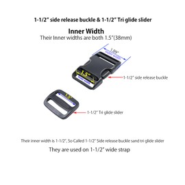 Ahijklmn Plastic Buckles,Side Release Plastic Buckle clips + Tri Glide Slides Heavy Duty Strap Replacement Buckle Clips Snap Sliders for Backpack Parachute (1 1/2 inch - 3 sets)
