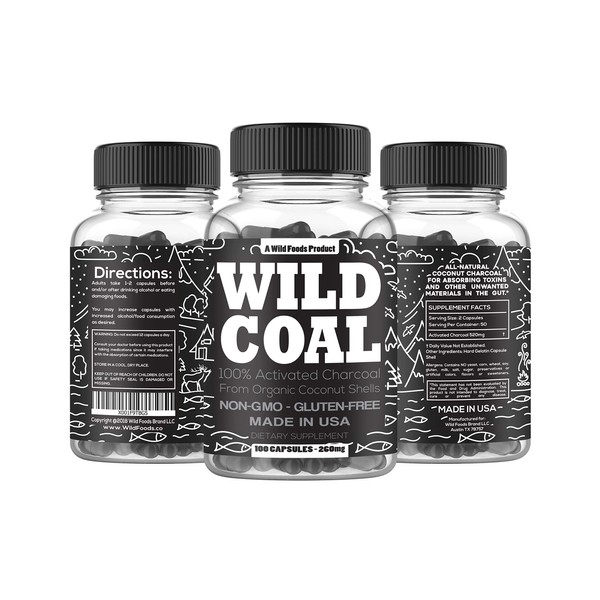 Wild Activated Charcoal Capsules from 100% Organic Coconut Shells - Digestion & Gas Relief, Ease Hangovers and Eating Out - Lab Tested, USA Made, Non-GMO, Premium Purity (120 Capsules)