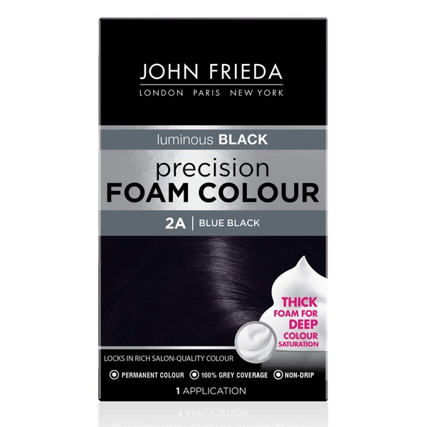 John Frieda Precision Foam Color, Blue Black 2A, Color-Nourishing Permanent Hair Color Kit, Deep Color Saturation, 100% Grey Coverage