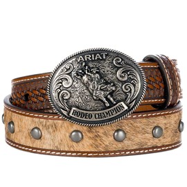 ARIAT Boys' Calf Hair Western Belt with Silver Rodeo Champion Buckle (Tan, Size 28)