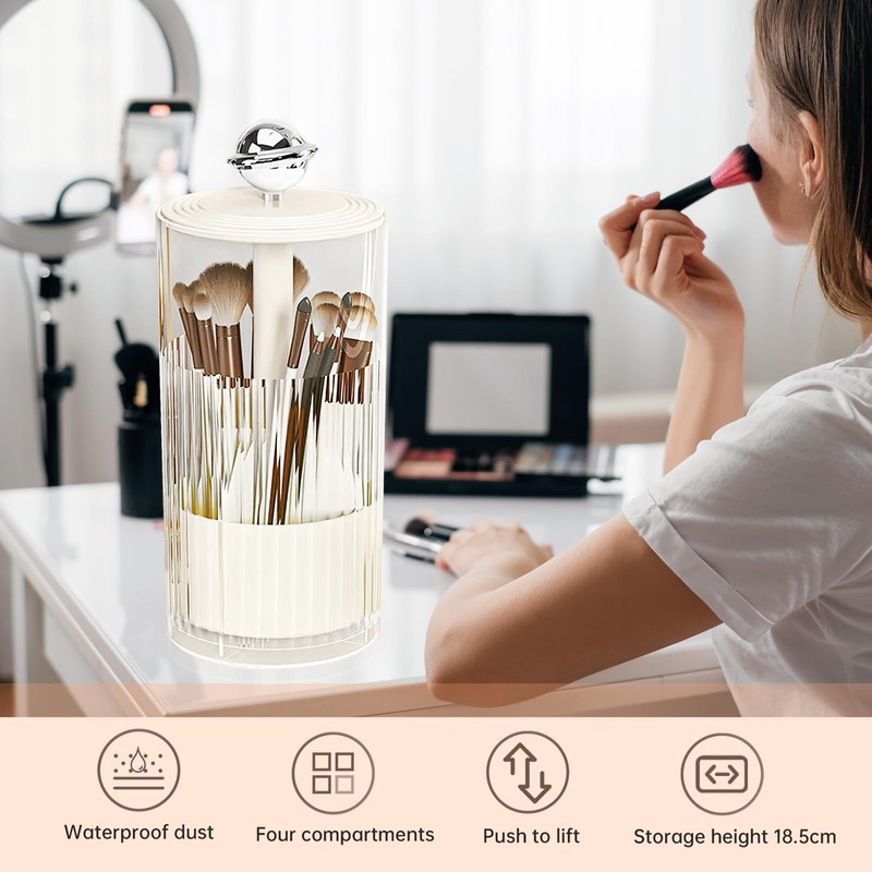 Makeup Brush Holder Organizer with Clear Lid, Lifting Opening-Dustproof Cosmetic