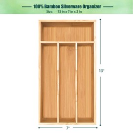 guiogc Bamboo Kitchen Drawer Silverware Organizer, 7 Inch Silverware Utensils Tray Holder for Small Drawer, Wood Caddy for Flatware Cutlery Knives 4-Slots