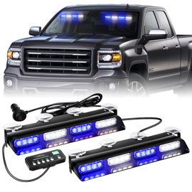 XRIDONSEN Emergency Dash Strobe Lights Safety Flashing Warning Interior Front/Rear Windshield Deck Split Light w/Digital Display Controller for Ambulance Police Vehicles Truck (2x14 inch, Blue White)